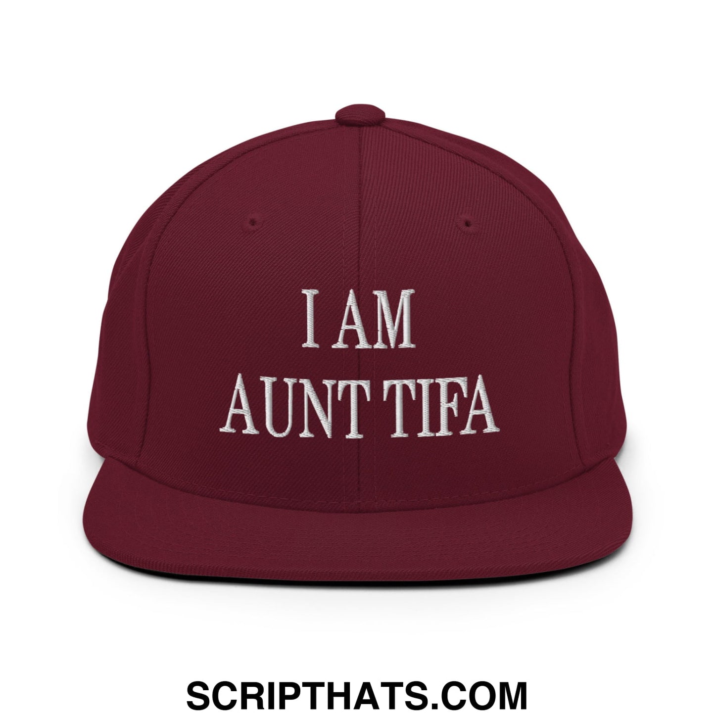 Maroon snapback cap with white embroidered i am aunt tifa text and flat bill brim for casual wear