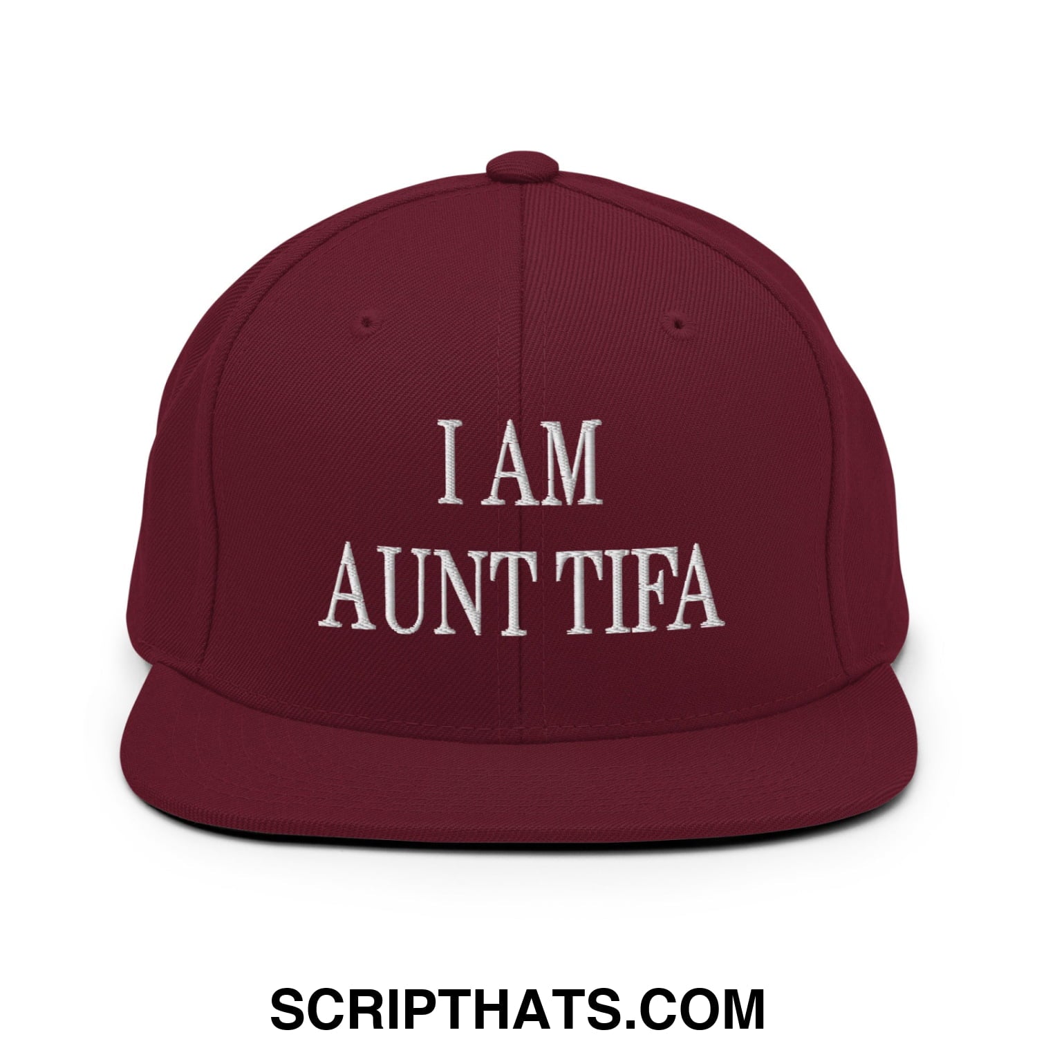 Maroon snapback cap with white embroidered i am aunt tifa text and flat bill brim for casual wear