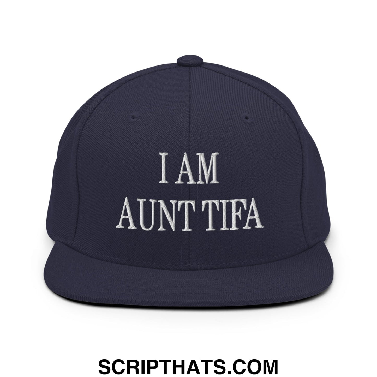 Navy blue snapback hat with white embroidered i am aunt tifa text and flat bill brim design