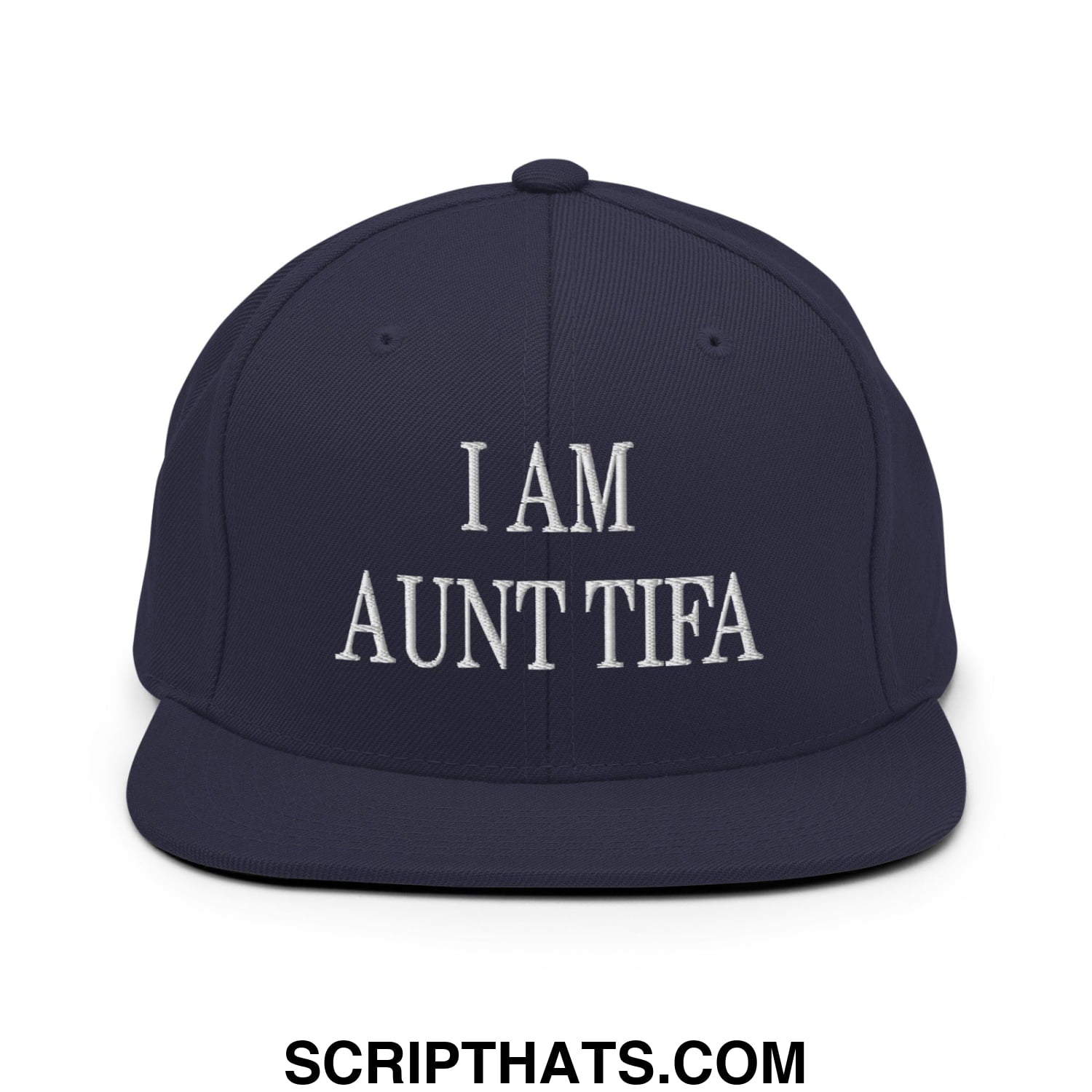 Navy blue snapback hat with white embroidered i am aunt tifa text and flat bill brim design