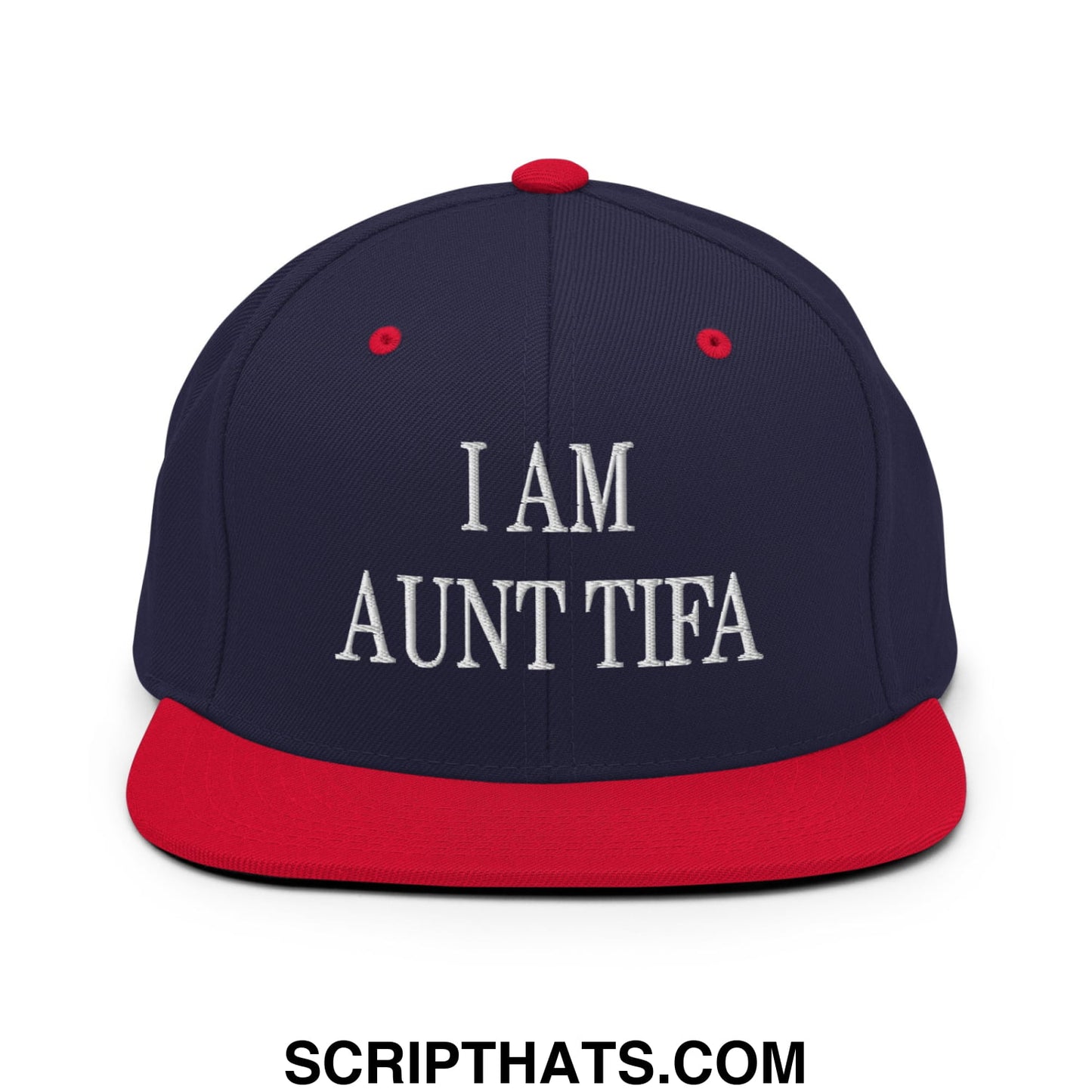 Navy blue snapback hat with red brim and white embroidered text i am aunt tifa on front panel flat bill design