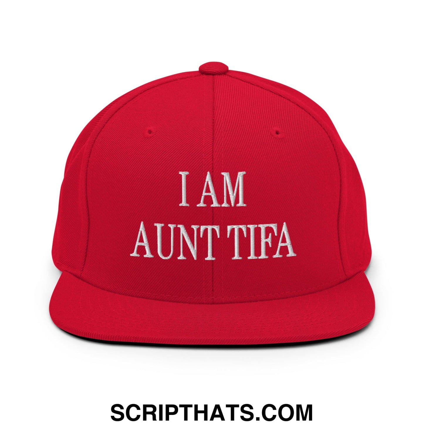 Red snapback cap with white embroidered text i am aunt tifa featuring a flat bill brim for casual wear