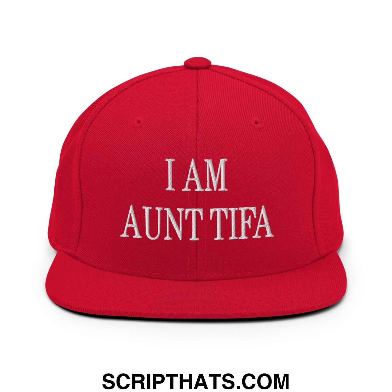 Red snapback cap with white embroidered text i am aunt tifa featuring a flat bill brim for casual wear