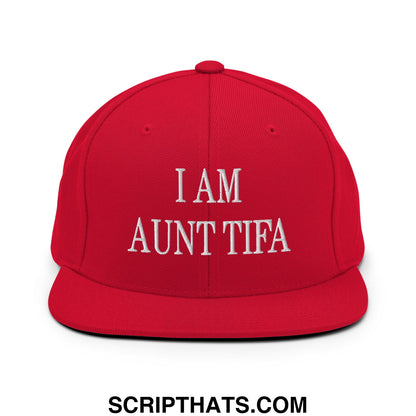 Red snapback cap with white embroidered text i am aunt tifa featuring a flat bill brim for casual wear