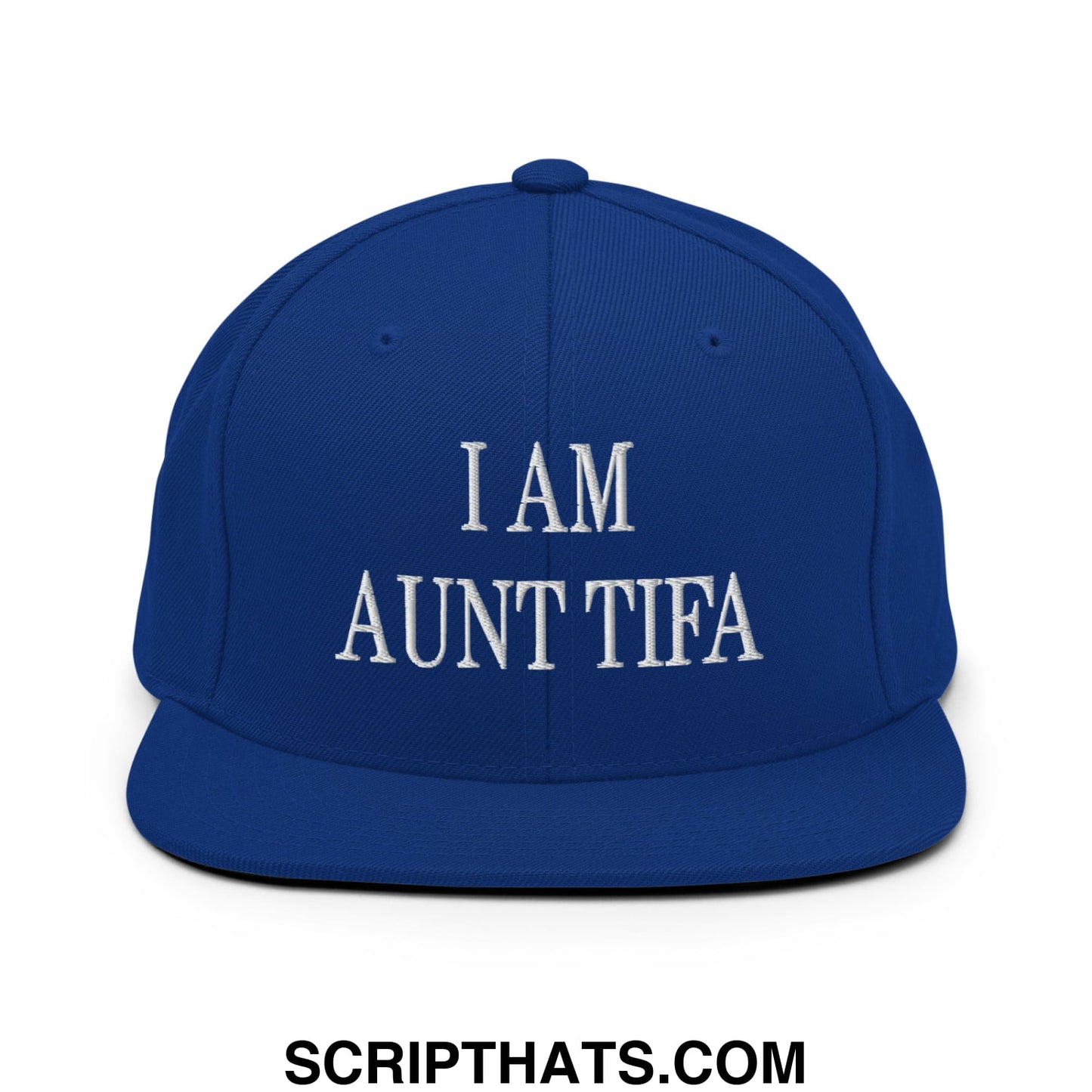 Royal blue snapback cap with white embroidered i am aunt tifa text and flat bill brim for casual wear
