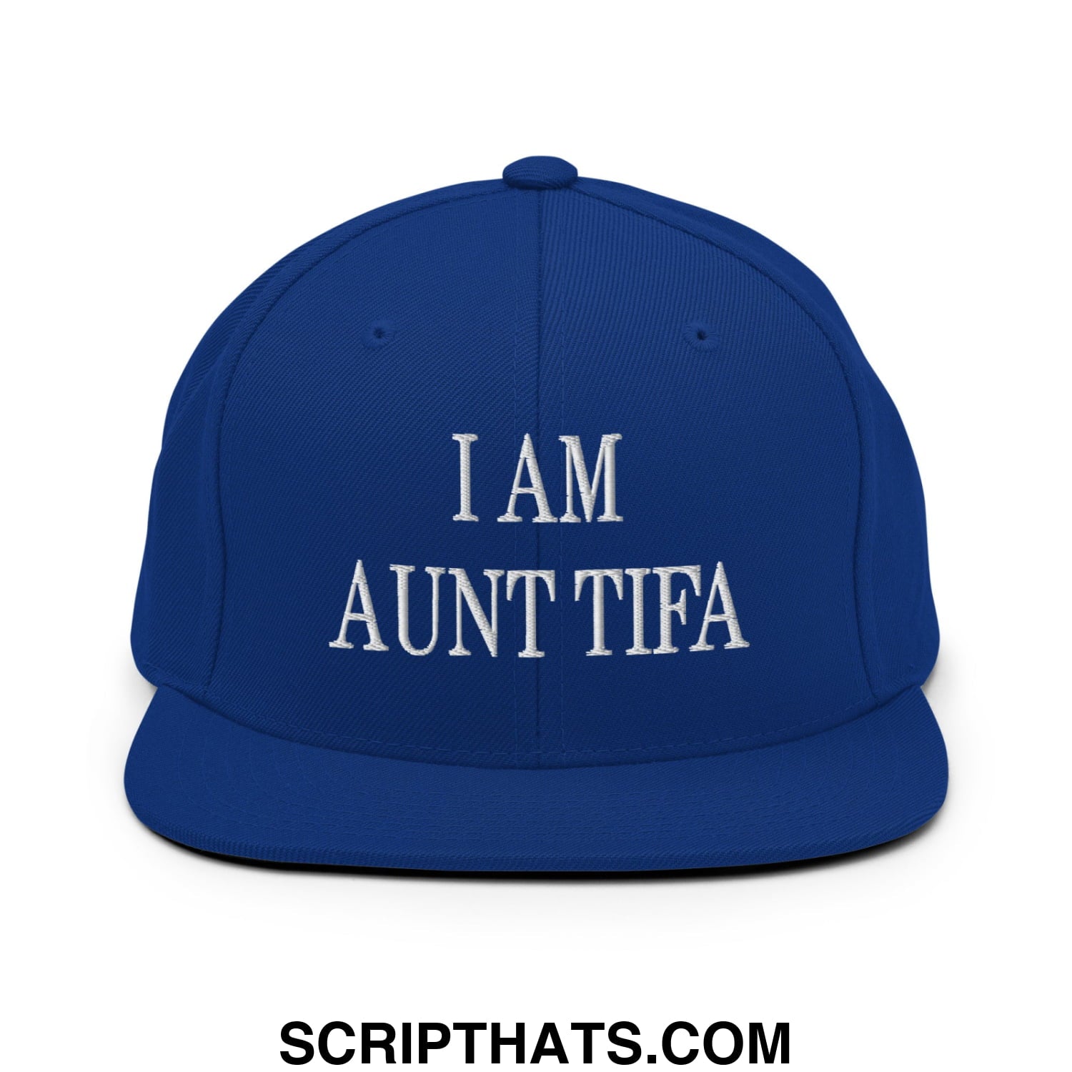 Royal blue snapback cap with white embroidered i am aunt tifa text and flat bill brim for casual wear