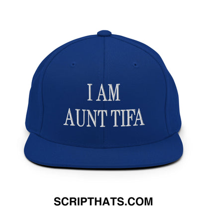 Royal blue snapback cap with white embroidered i am aunt tifa text and flat bill brim for casual wear
