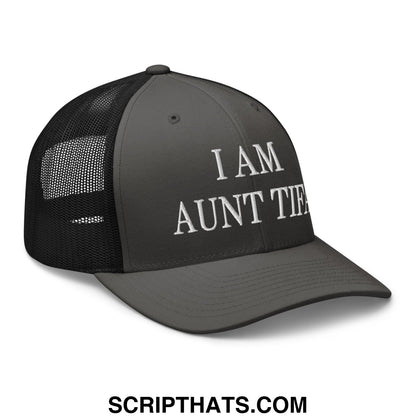 Dark gray i am aunt tifa embroidered mesh trucker hat with black mesh back and white text