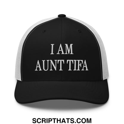Black and white mesh trucker hat with i am aunt tifa embroidered in bold raised white thread on the front