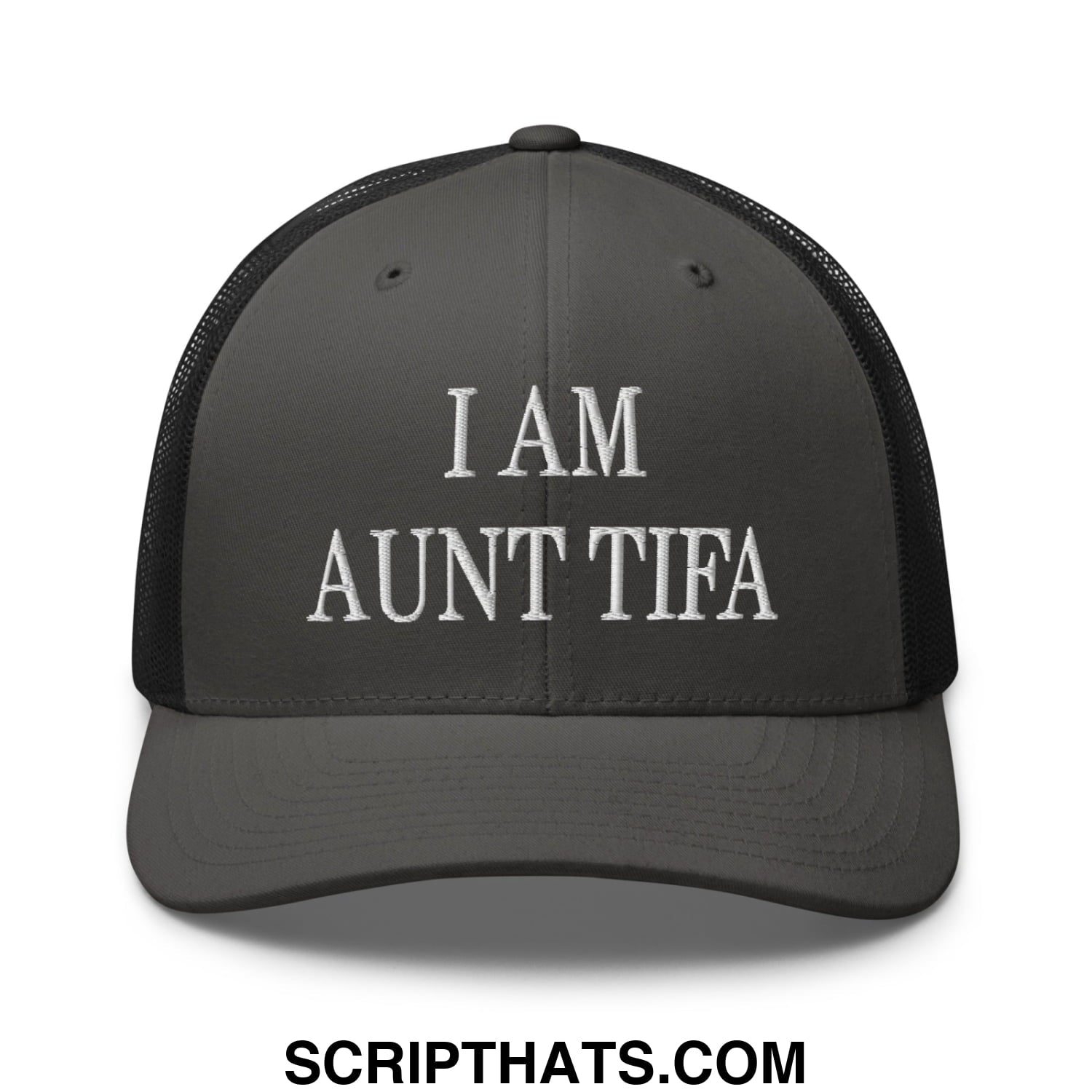 Dark gray mesh trucker hat with white embroidered i am aunt tifa text across the front panel