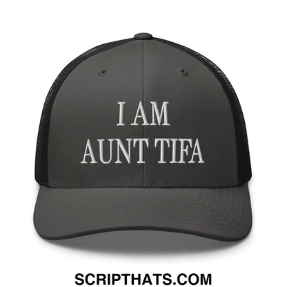 Dark gray mesh trucker hat with white embroidered i am aunt tifa text across the front panel