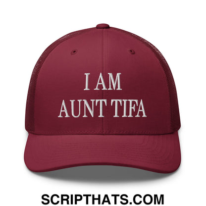 I am Aunt Tifa Embroidered Mesh Trucker Hat Cranberry