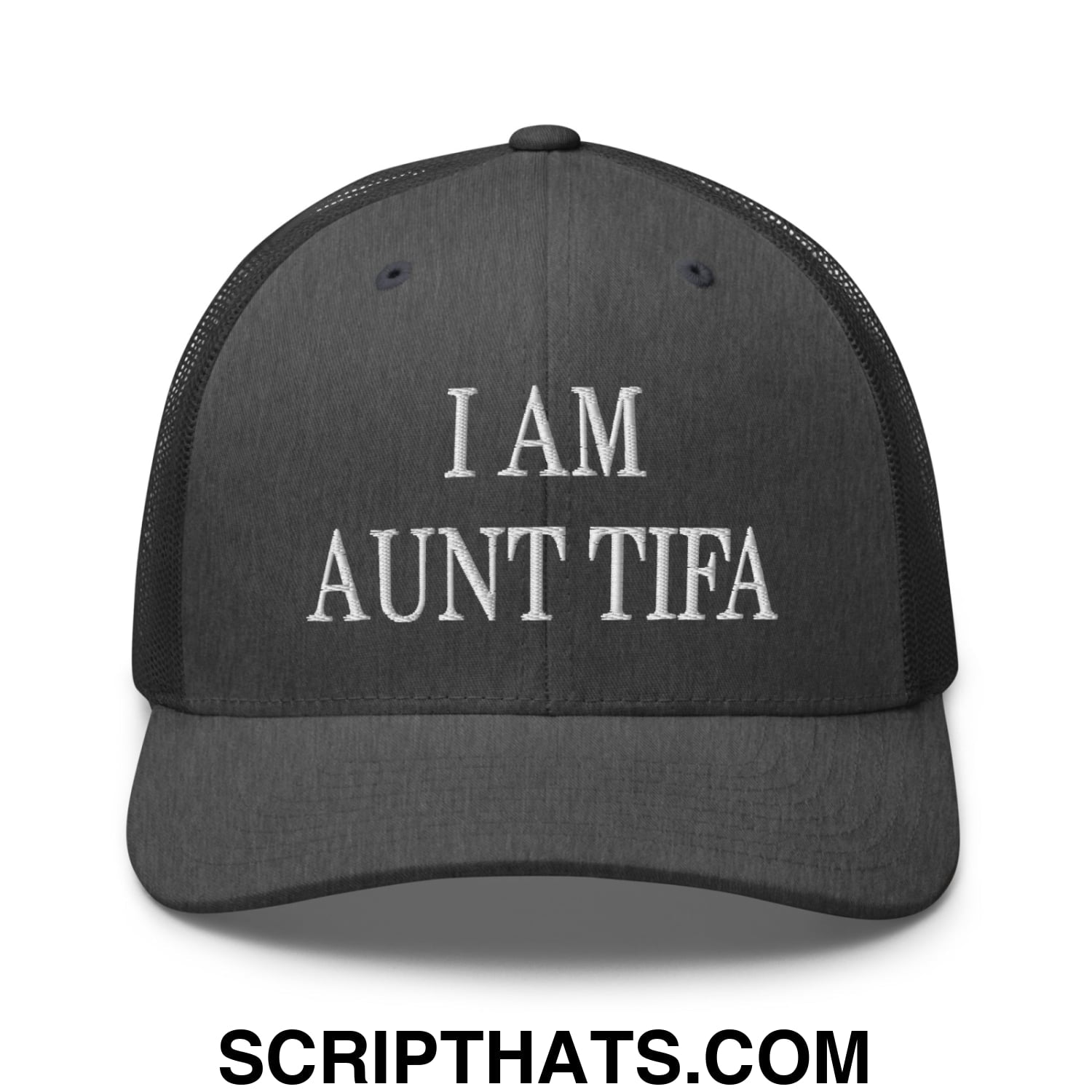 I am Aunt Tifa Embroidered Mesh Trucker Hat Dark Heather Gray