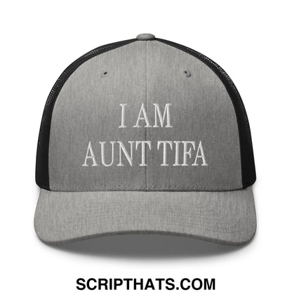 Gray and black mesh trucker hat with white embroidered i am aunt tifa text on front panel