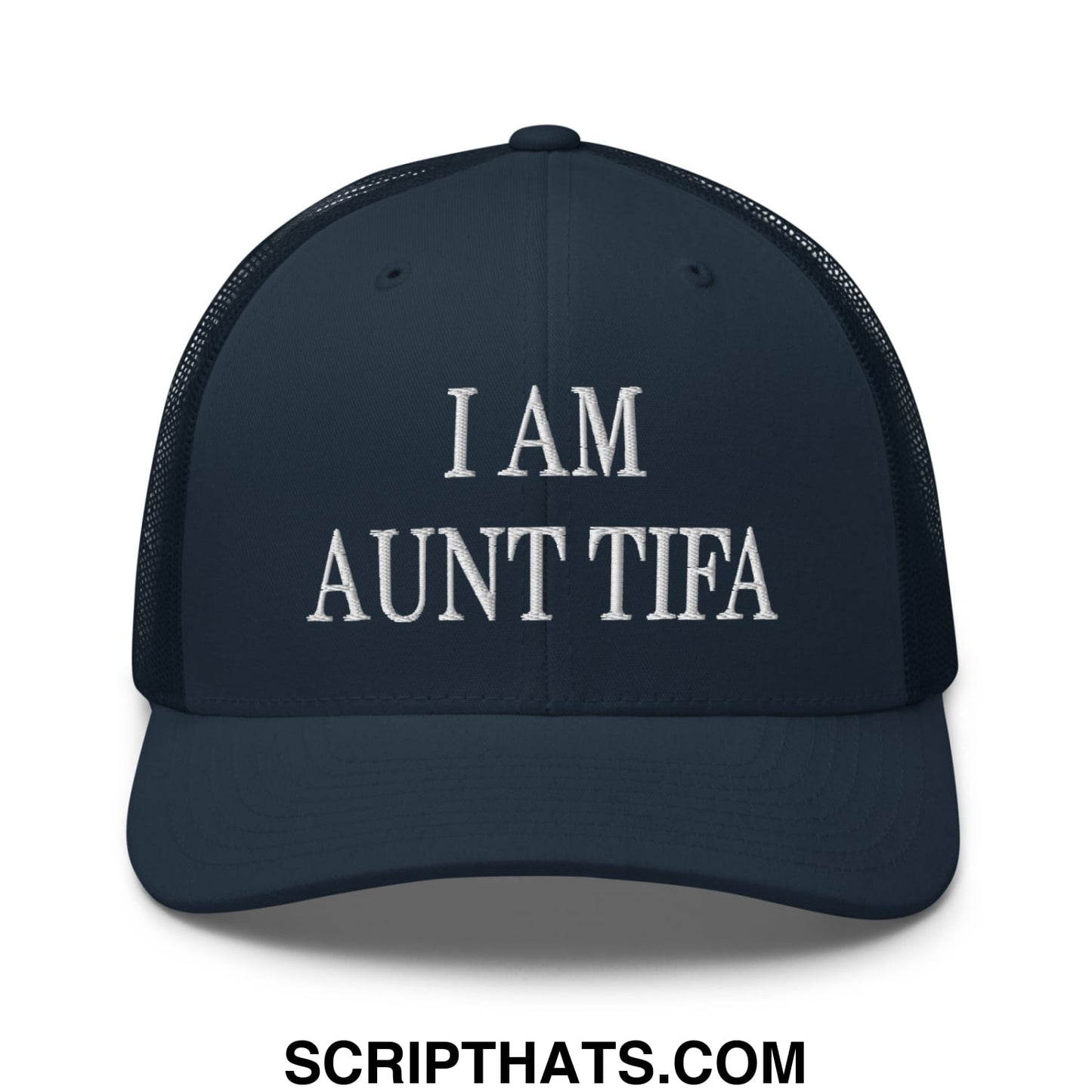Dark navy blue mesh trucker hat with white embroidered i am aunt tifa text on front panel