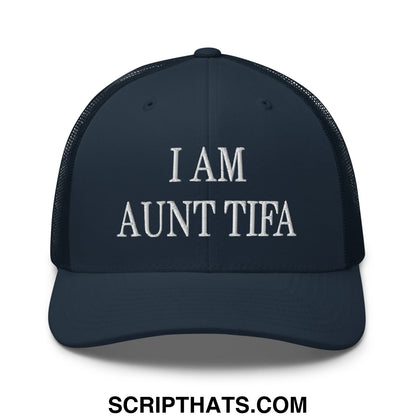 Dark navy blue mesh trucker hat with white embroidered i am aunt tifa text on front panel