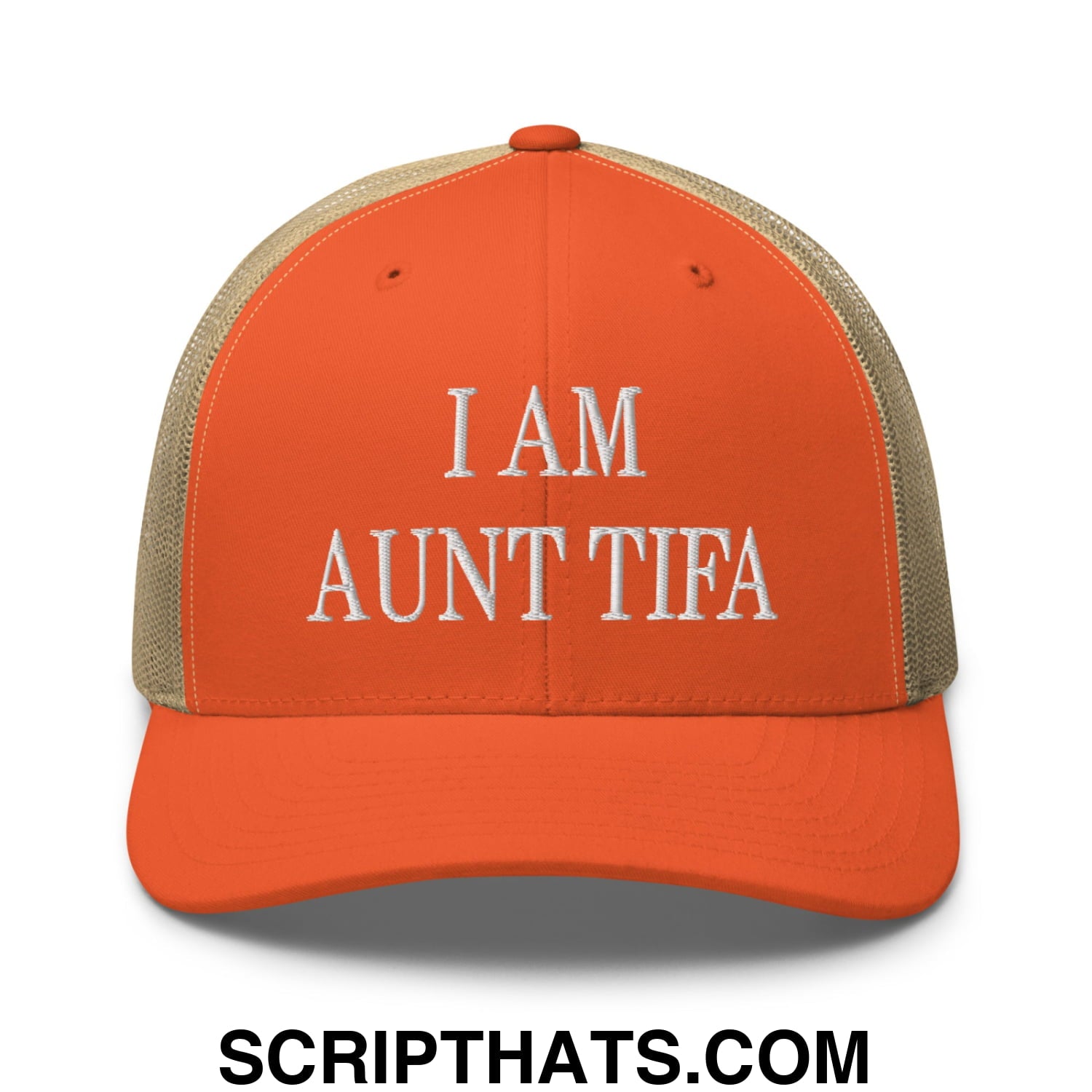 I am Aunt Tifa Embroidered Mesh Trucker Hat Rustic Orange Khaki