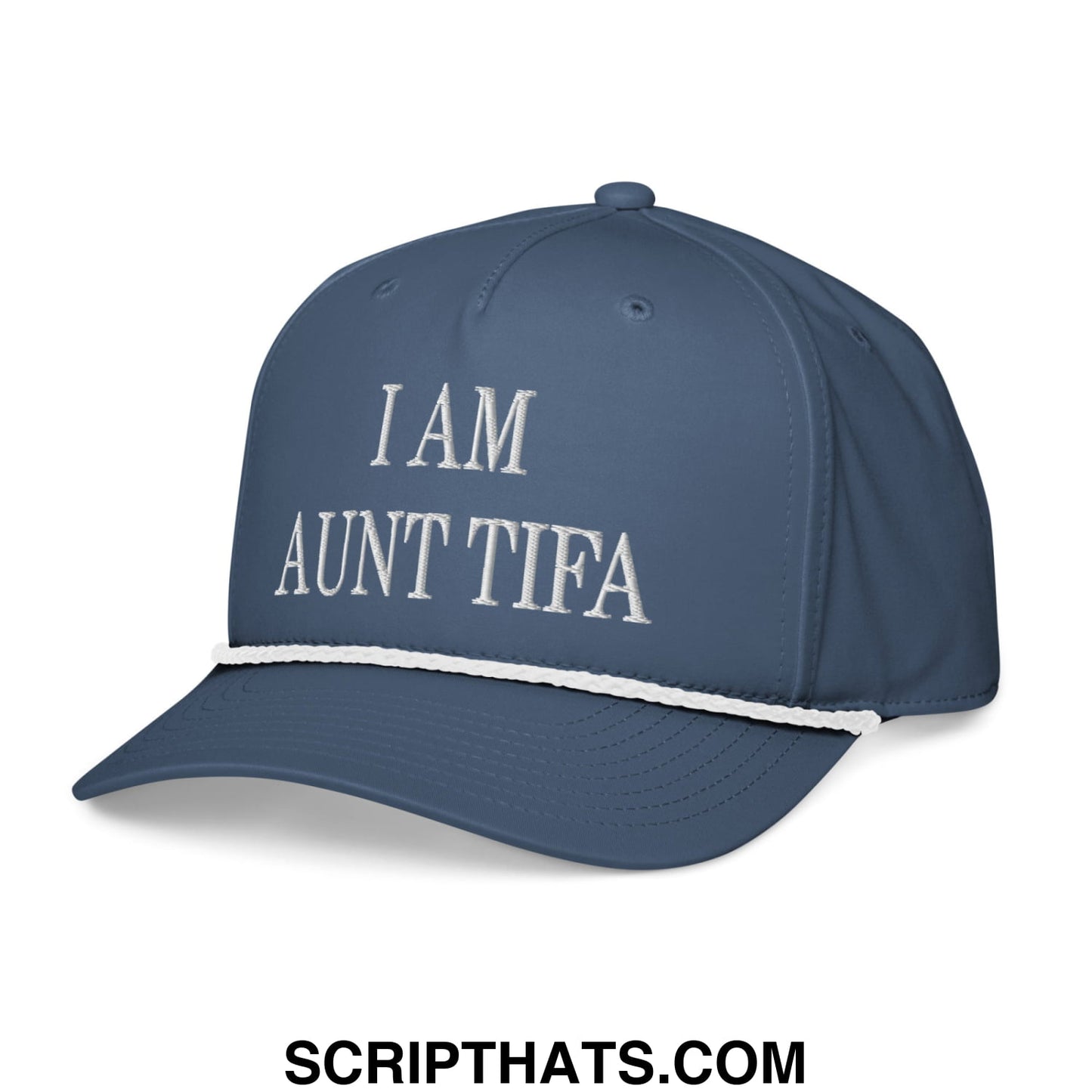 Navy blue baseball cap with white embroidered i am aunt tifa text and white stitched contrasting brim rope hat