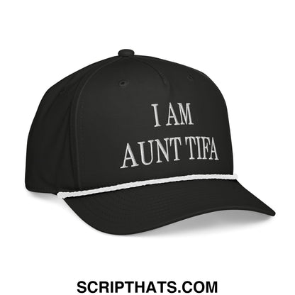 Black baseball cap with white embroidered text i am aunt tifa and matching white brim stripe in rope hat style