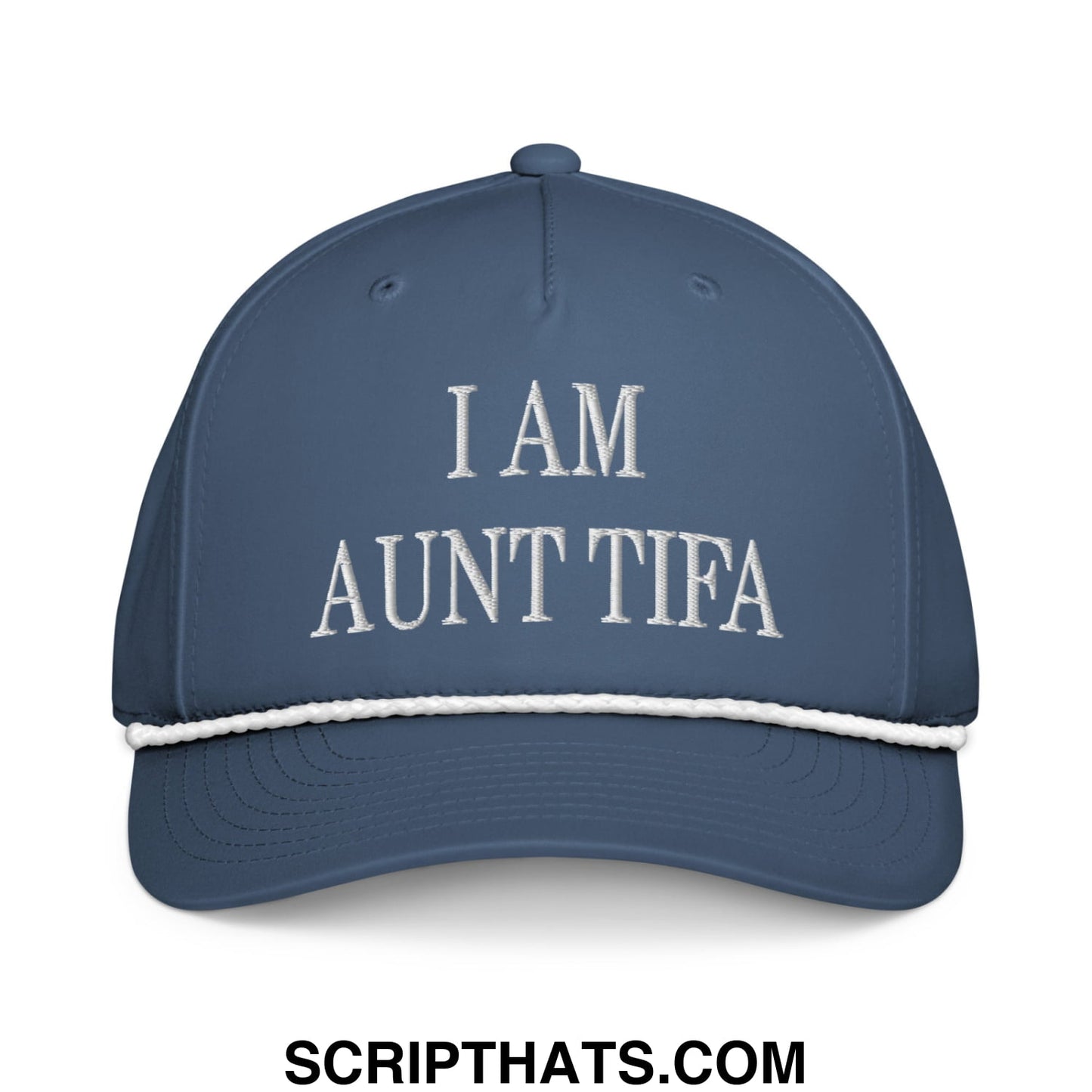Navy blue baseball cap with white embroidered i am aunt tifa text and contrasting white stitched brim rope hat