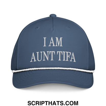 Navy blue baseball cap with white embroidered i am aunt tifa text and contrasting white stitched brim rope hat