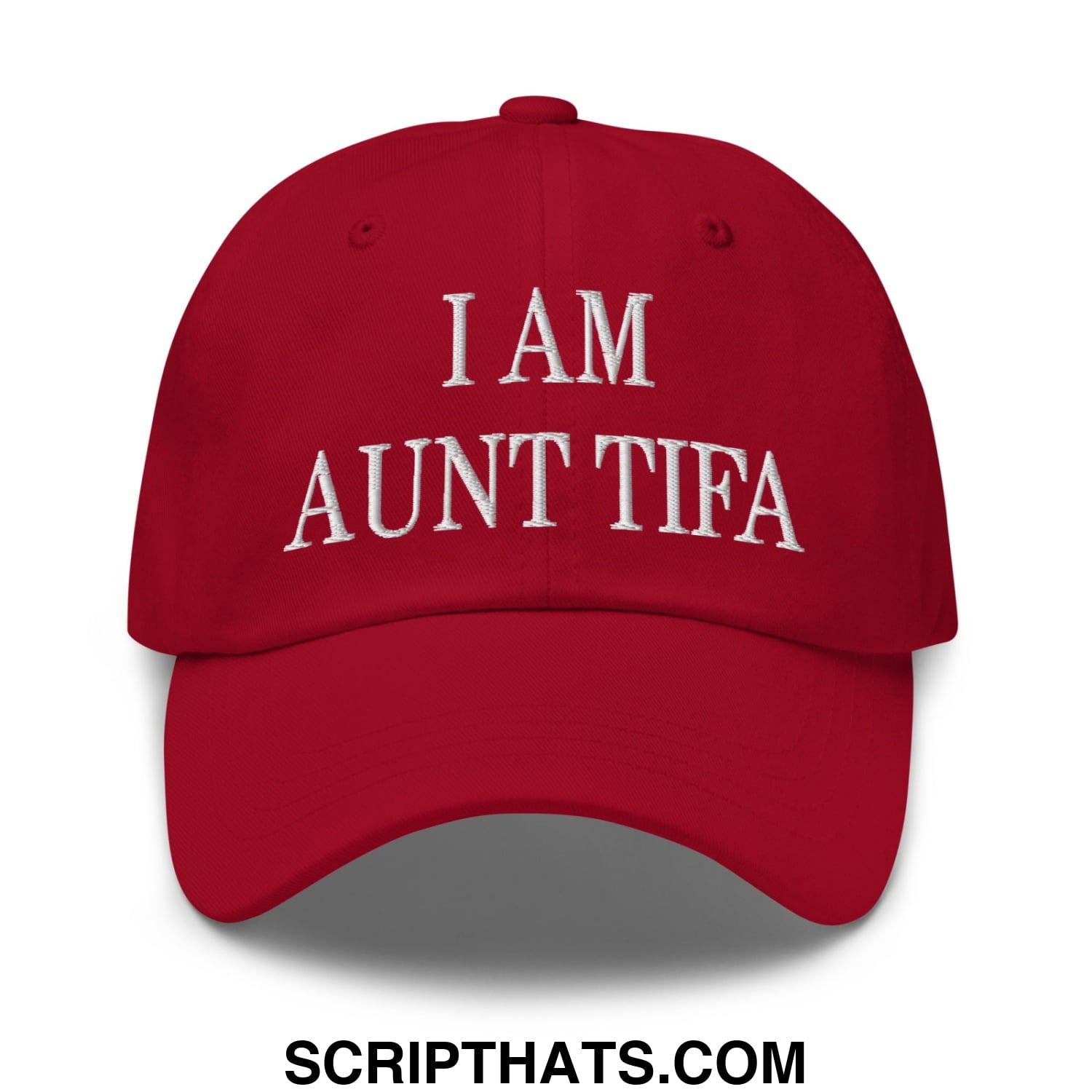 A vibrant red embroidered unstructured dad hat with i am aunt tifa lettering on the front