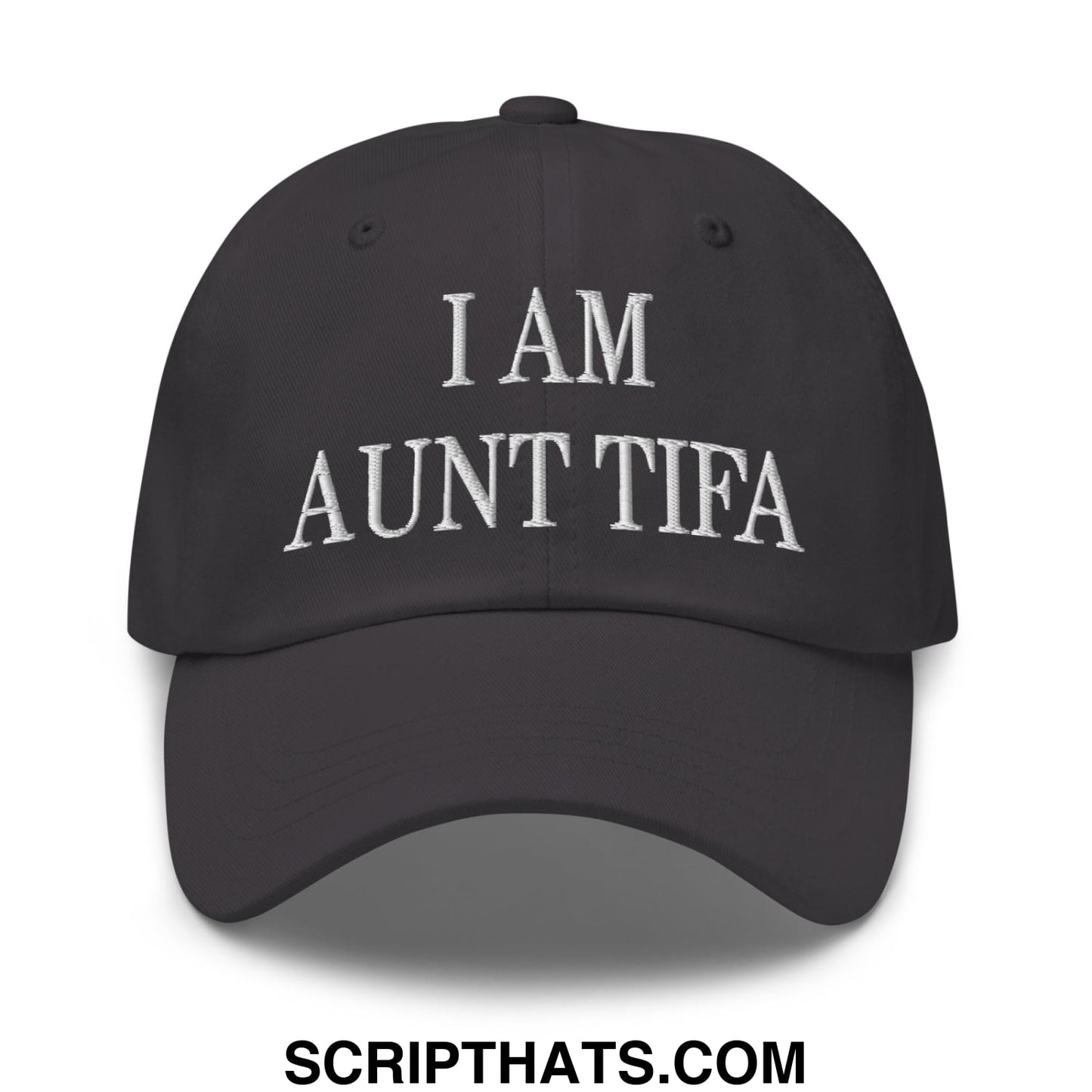 Black unstructured dad hat with white embroidered text i am aunt tifa for casual wear
