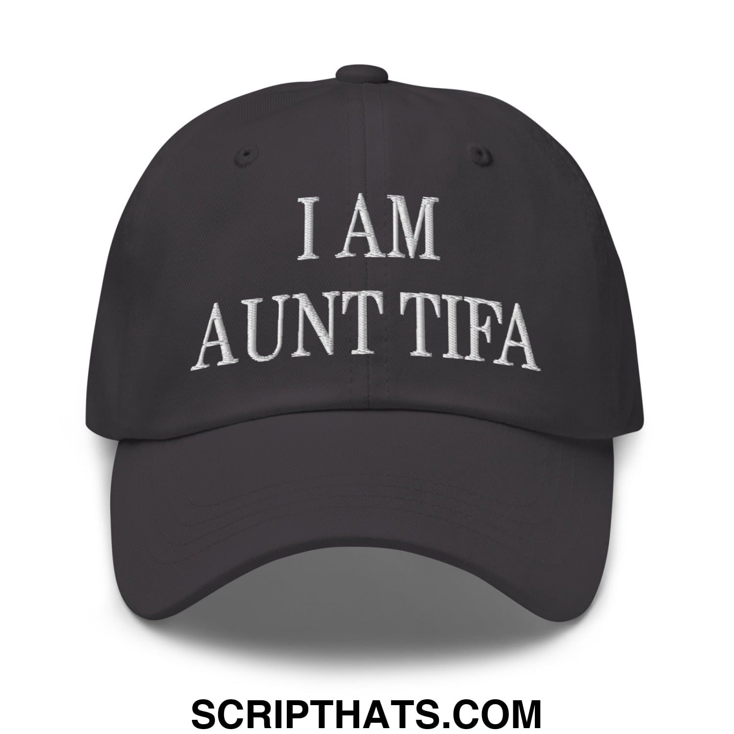 Black unstructured dad hat with white embroidered text i am aunt tifa for casual wear