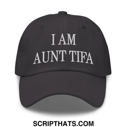 Black unstructured dad hat with white embroidered text i am aunt tifa for casual wear