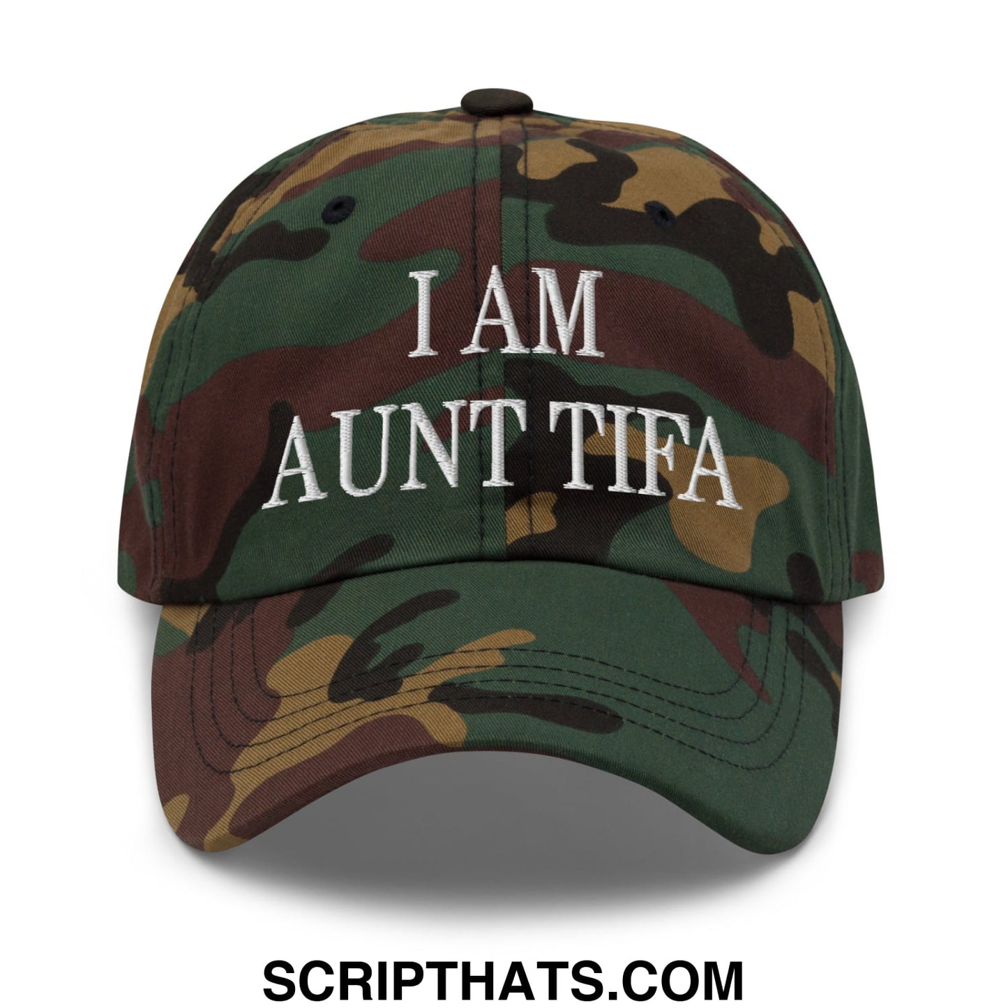 A camouflage unstructured dad hat with white embroidered text i am aunt tifa designed as a baseball cap