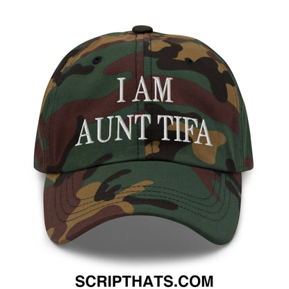 A camouflage unstructured dad hat with white embroidered text i am aunt tifa designed as a baseball cap