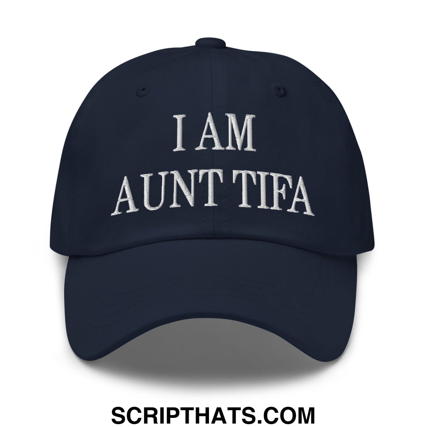 Navy blue unstructured dad hat with white embroidered text i am aunt tifa casual baseball cap