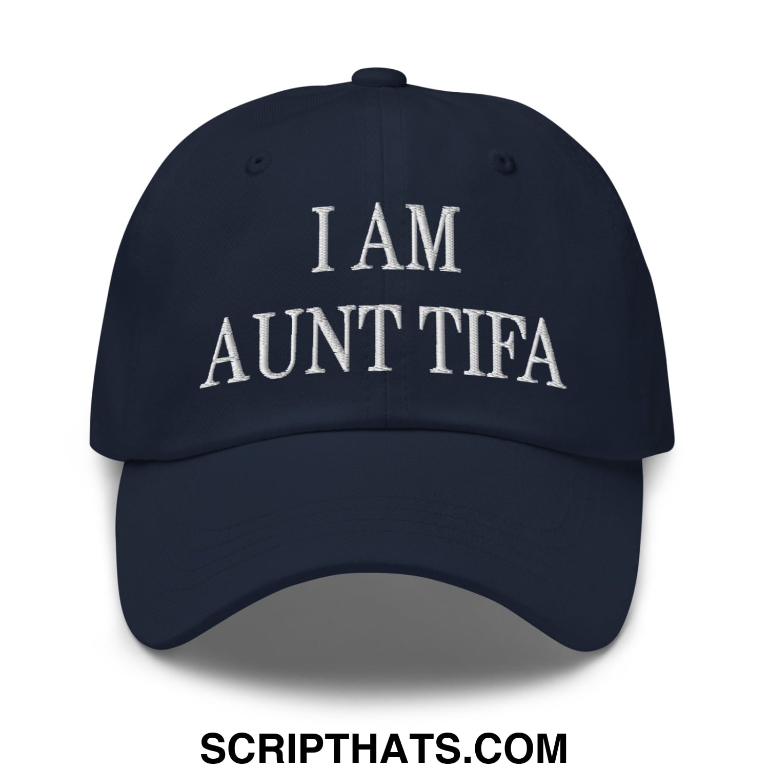 Navy blue unstructured dad hat with white embroidered text i am aunt tifa casual baseball cap