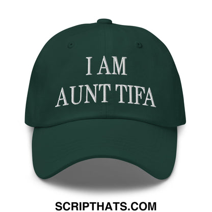 Dark green unstructured dad hat with white embroidered i am aunt tifa text on front for casual wear