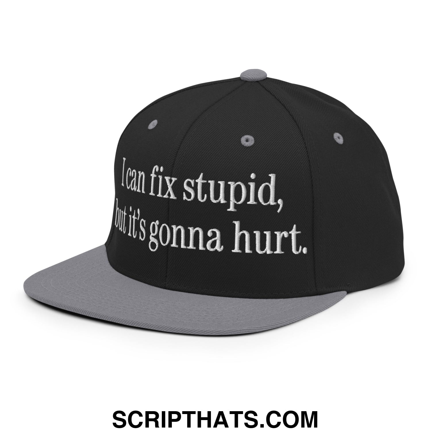 I Can Fix Stupid But It's Gonna Hurt Embroidered Flat Bill Brim Snapback Hat Black Silver