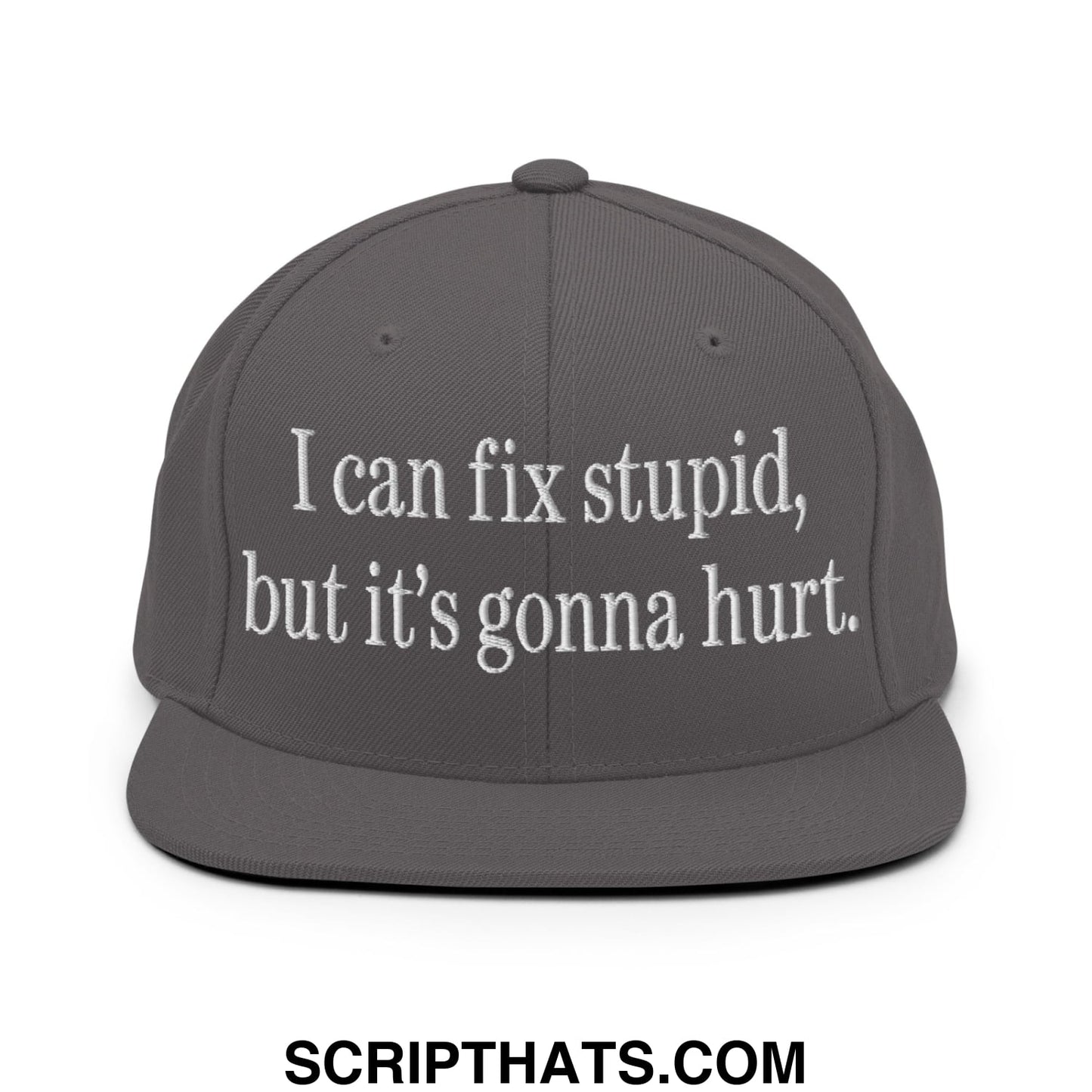I Can Fix Stupid But It's Gonna Hurt Embroidered Flat Bill Brim Snapback Hat Dark Grey