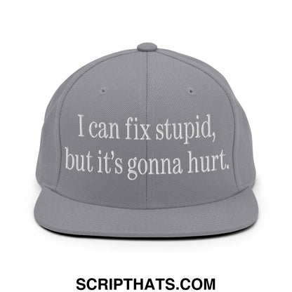 I Can Fix Stupid But It's Gonna Hurt Embroidered Flat Bill Brim Snapback Hat Silver