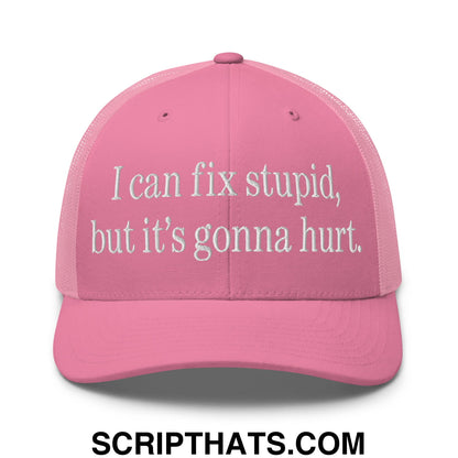 I Can Fix Stupid But It's Gonna Hurt Embroidered Mesh Trucker Hat Pink