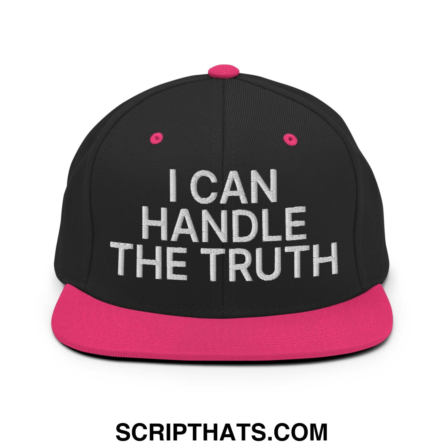 I Can Handle The Truth Embroidered Flat Bill Brim Snapback Hat Black Neon Pink