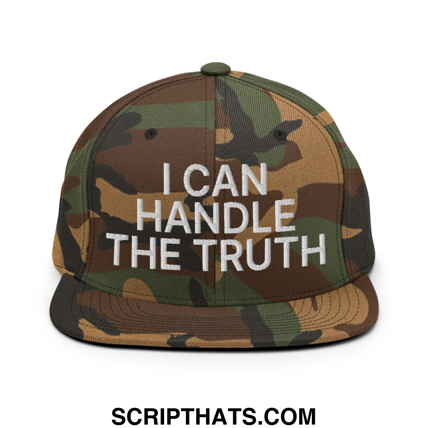 I Can Handle The Truth Embroidered Flat Bill Brim Snapback Hat Green Camo