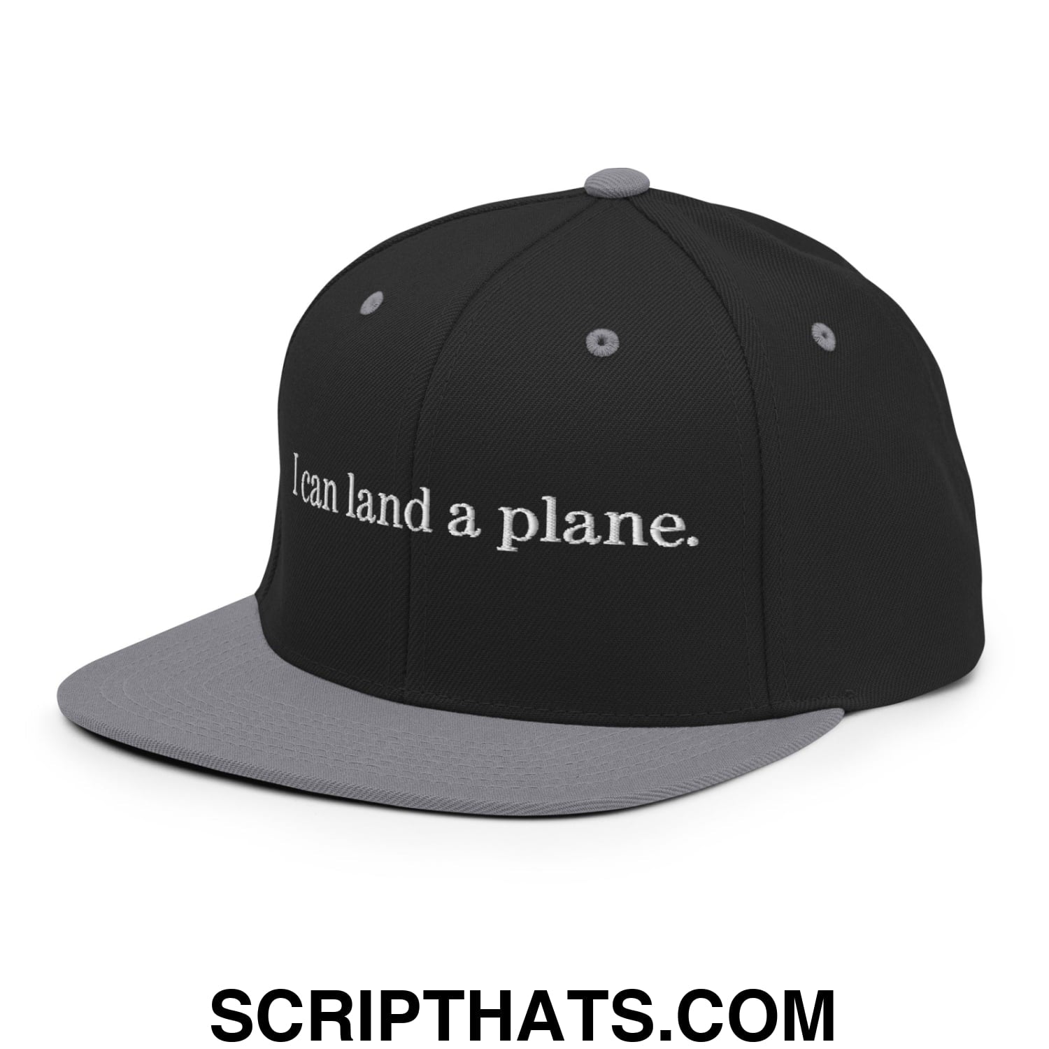 Black and gray snapback cap with white embroidered text i can land a plane flat bill brim hat