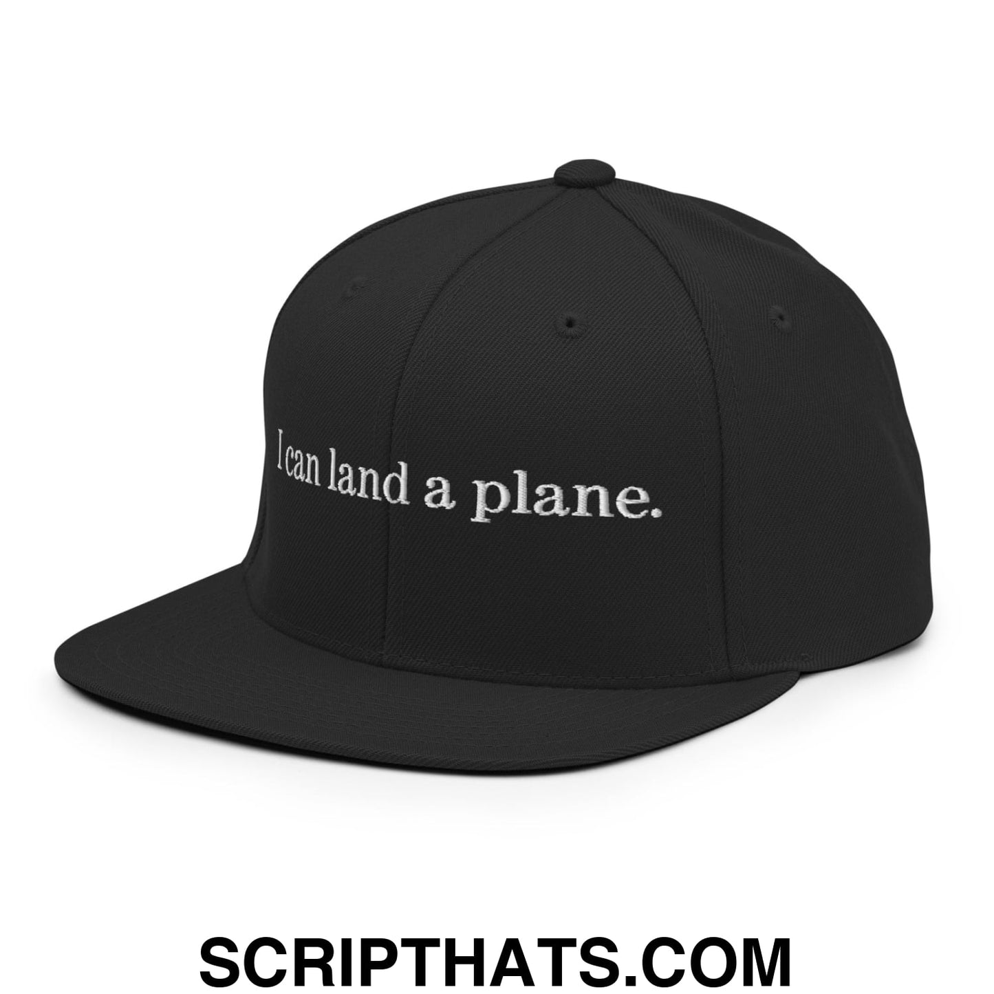 Black snapback cap with white embroidered text i can land a plane featuring a flat bill brim design