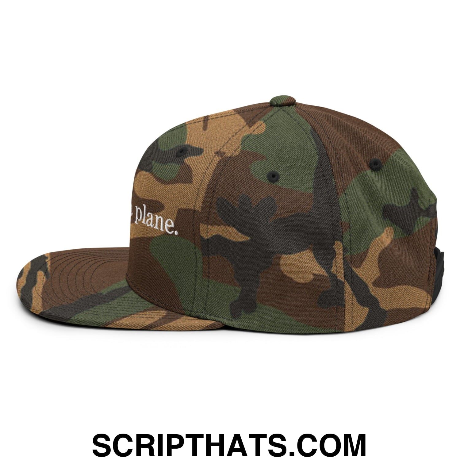 Camouflage snapback hat with flat bill brim and white embroidered i can land a plane text on the side