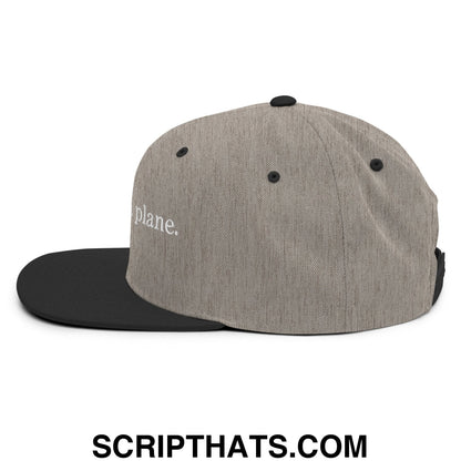 Gray heathered snapback hat with black brim and white embroidered i can land a plane logo flat bill design
