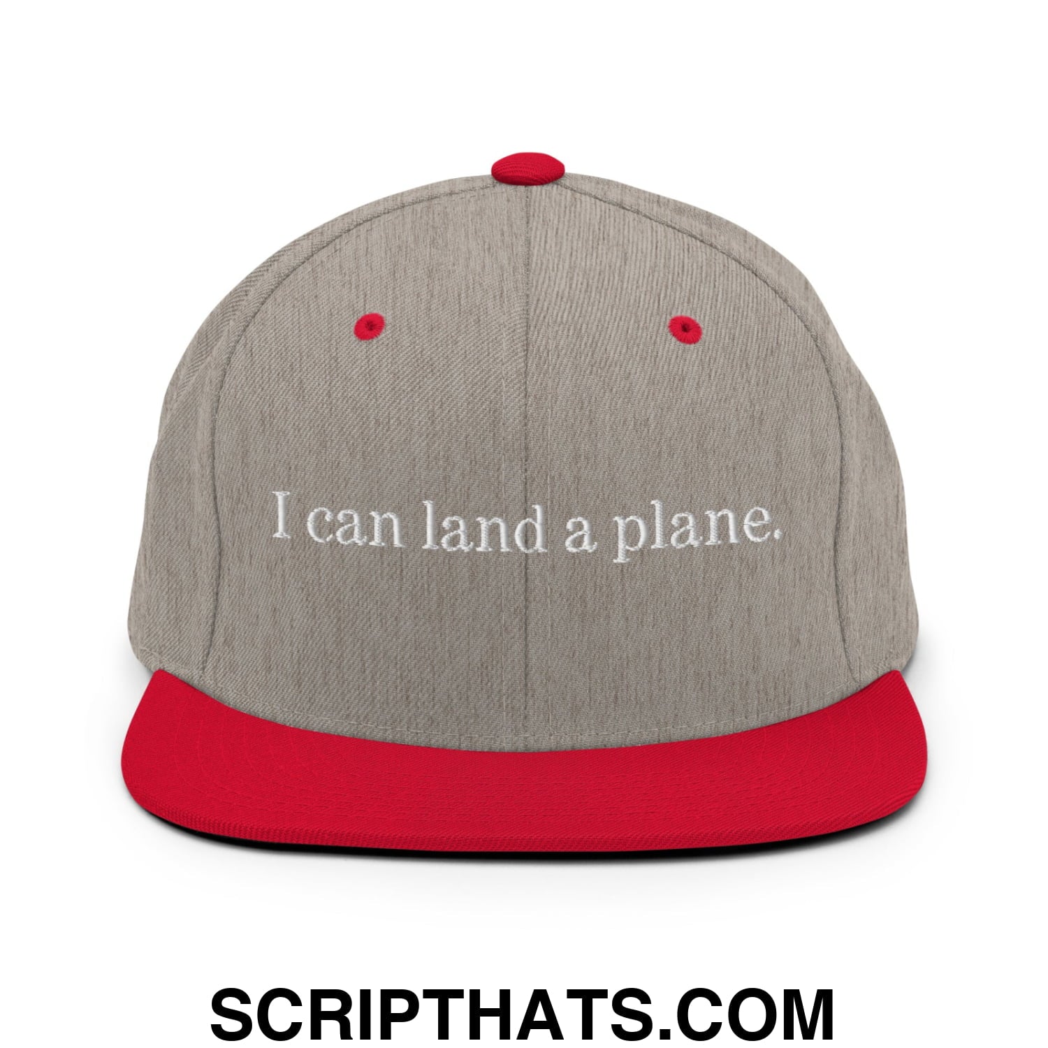Gray and red snapback cap with white embroidered text i can land a plane on flat bill brim hat