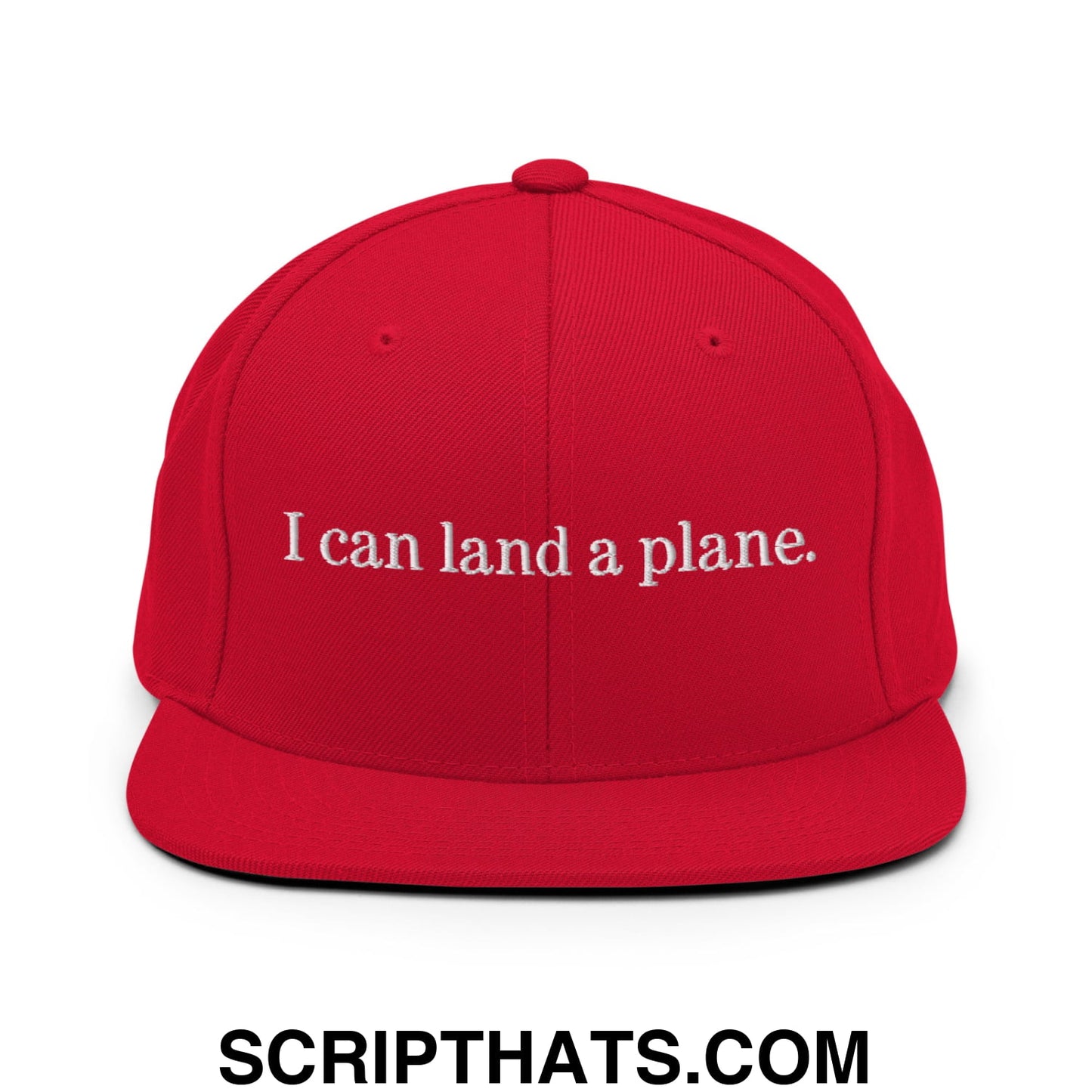 Red snapback cap with white embroidered i can land a plane text and flat bill brim for casual wear