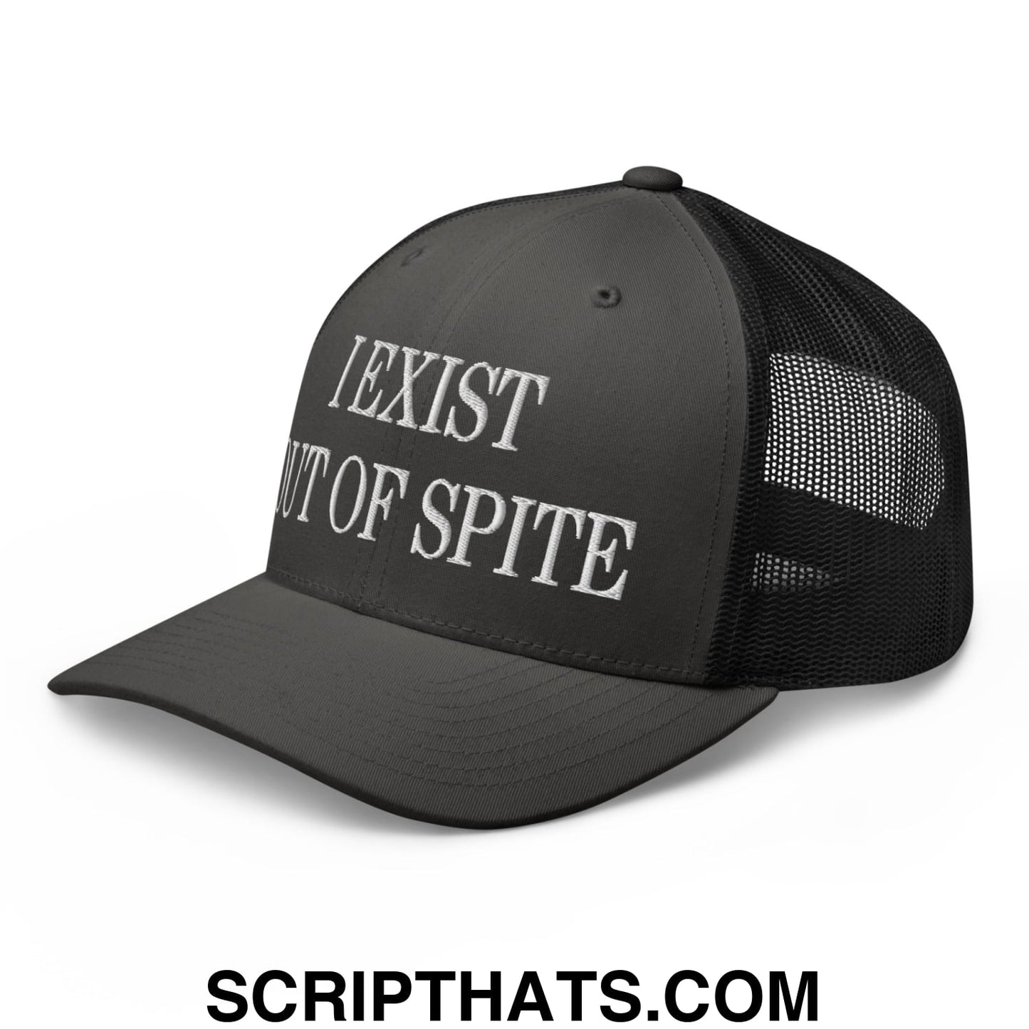 I Exist Out of Spite Embroidered Mesh Trucker Hat Charcoal Black