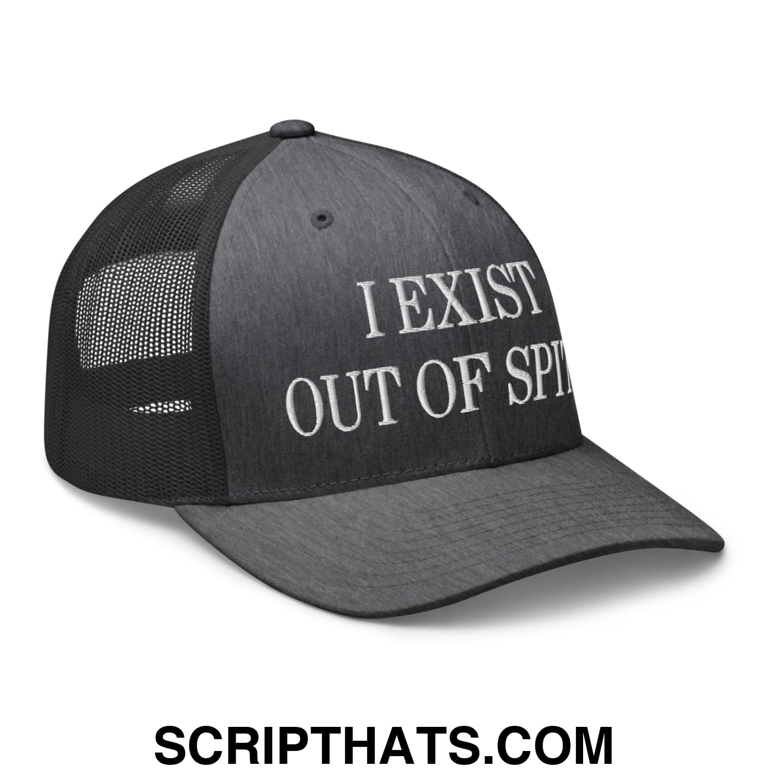 I Exist Out of Spite Embroidered Mesh Trucker Hat Dark Heather Gray