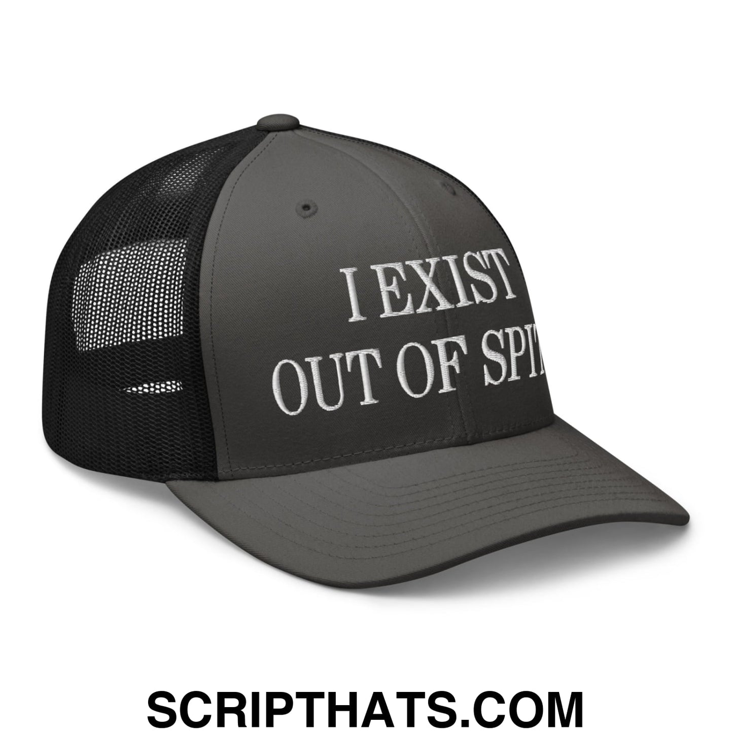 I Exist Out of Spite Embroidered Mesh Trucker Hat Charcoal Black