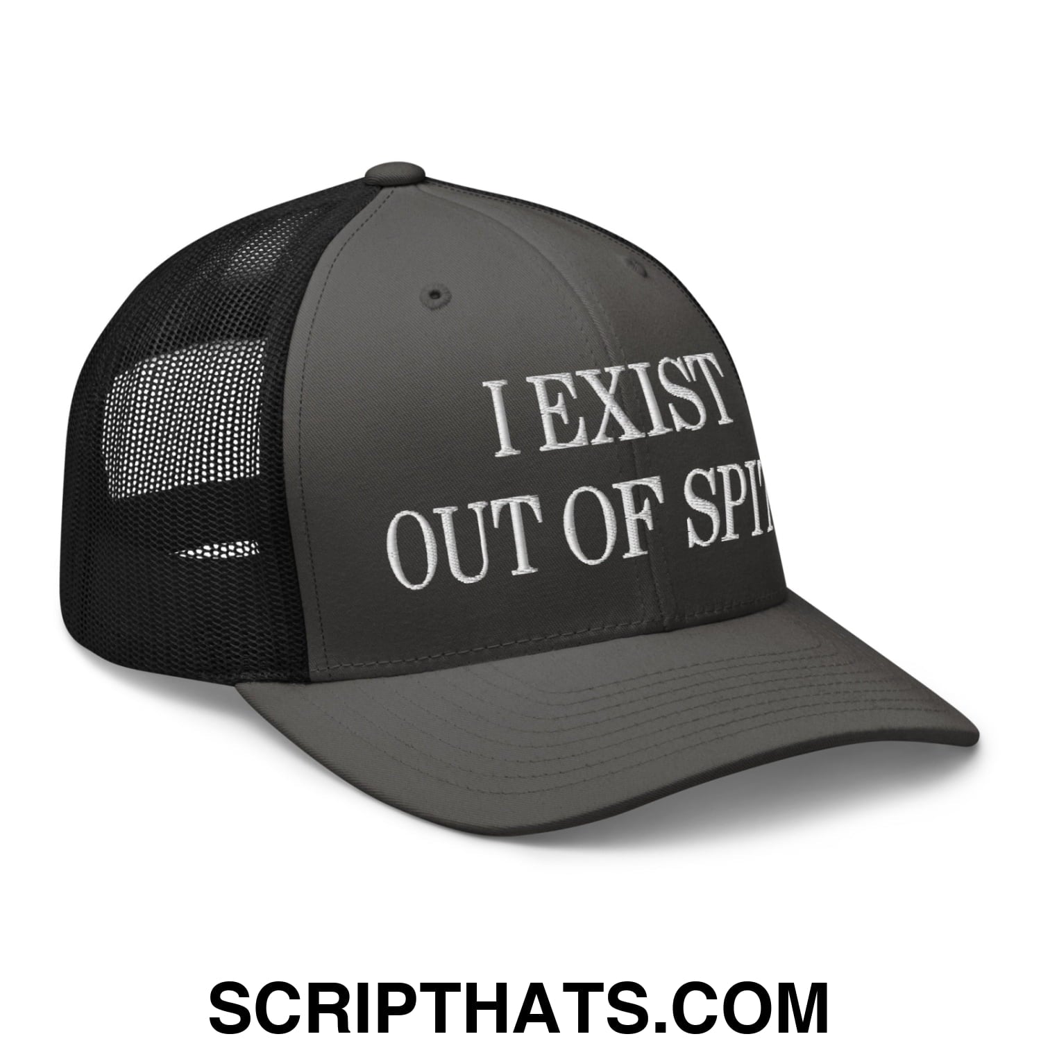 I Exist Out of Spite Embroidered Mesh Trucker Hat Charcoal Black